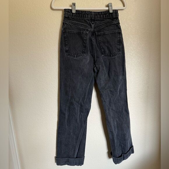 ZARA Cuffed Hem Folded Over High Rise Wide Leg Jeans‎ Sz 4 Black Distressed - Picture 5 of 8